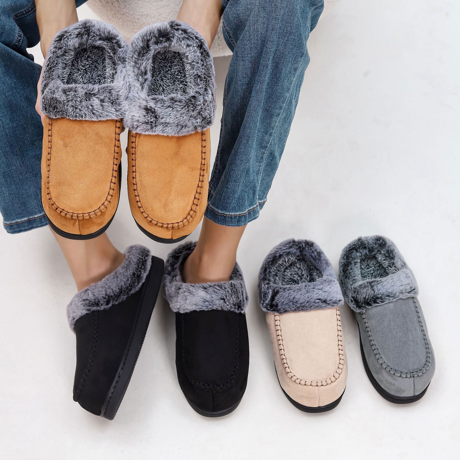 Men's Faded-Edge Mark Shoes WarmIndoor-Outdoor Fleece-LinedNon-Slip Thickened Cotton Slippers foto 5