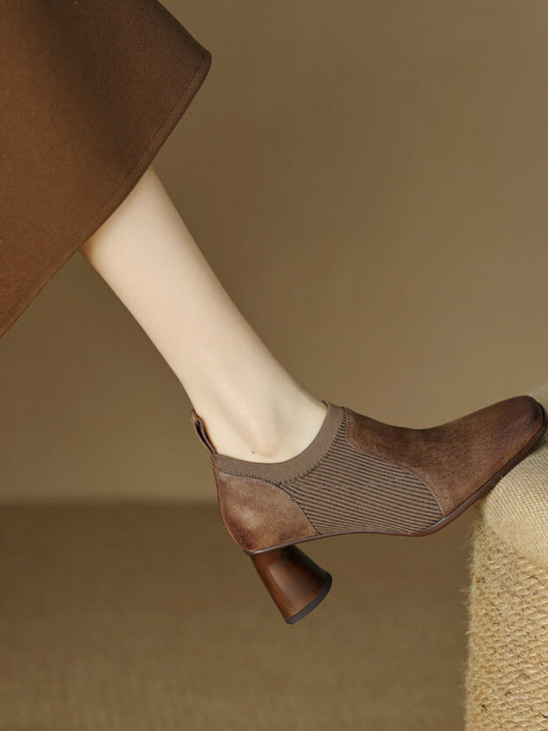 Black Square-toe High Heels Knitted Patchwork Design Deep V-shaped Vamp Chunky Heel Leather Slip-on foto 3
