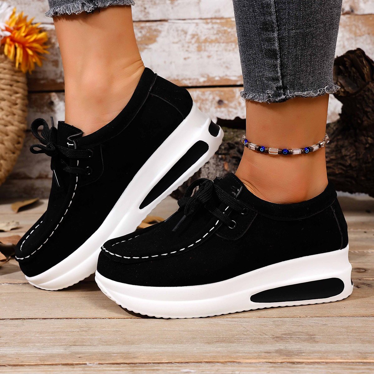 European And American-style Thick-soled Loafers With Front Laces And A Wedge Heelcasual Single-layer Shoes foto 3