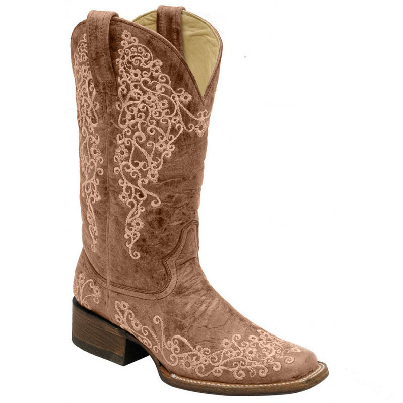 Autumn Winter Embroidered And Printed Chunky-Heel Square-Toe Mid-Calf Knight Boots foto 2
