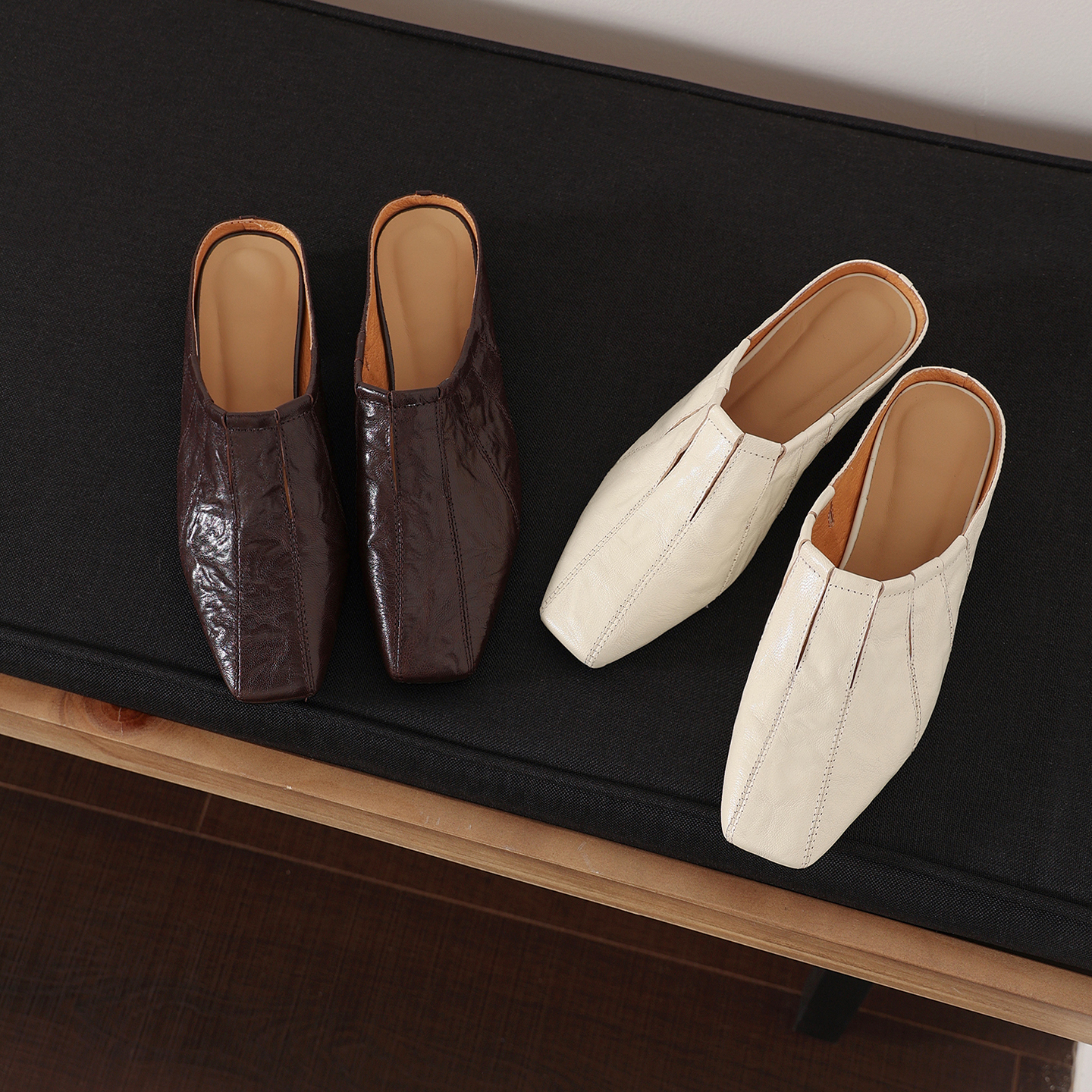 Minimalist Handcrafted Washed Leather Mules, Women's Full-Grain Cowhide Square Toe Backless Shoes foto 4