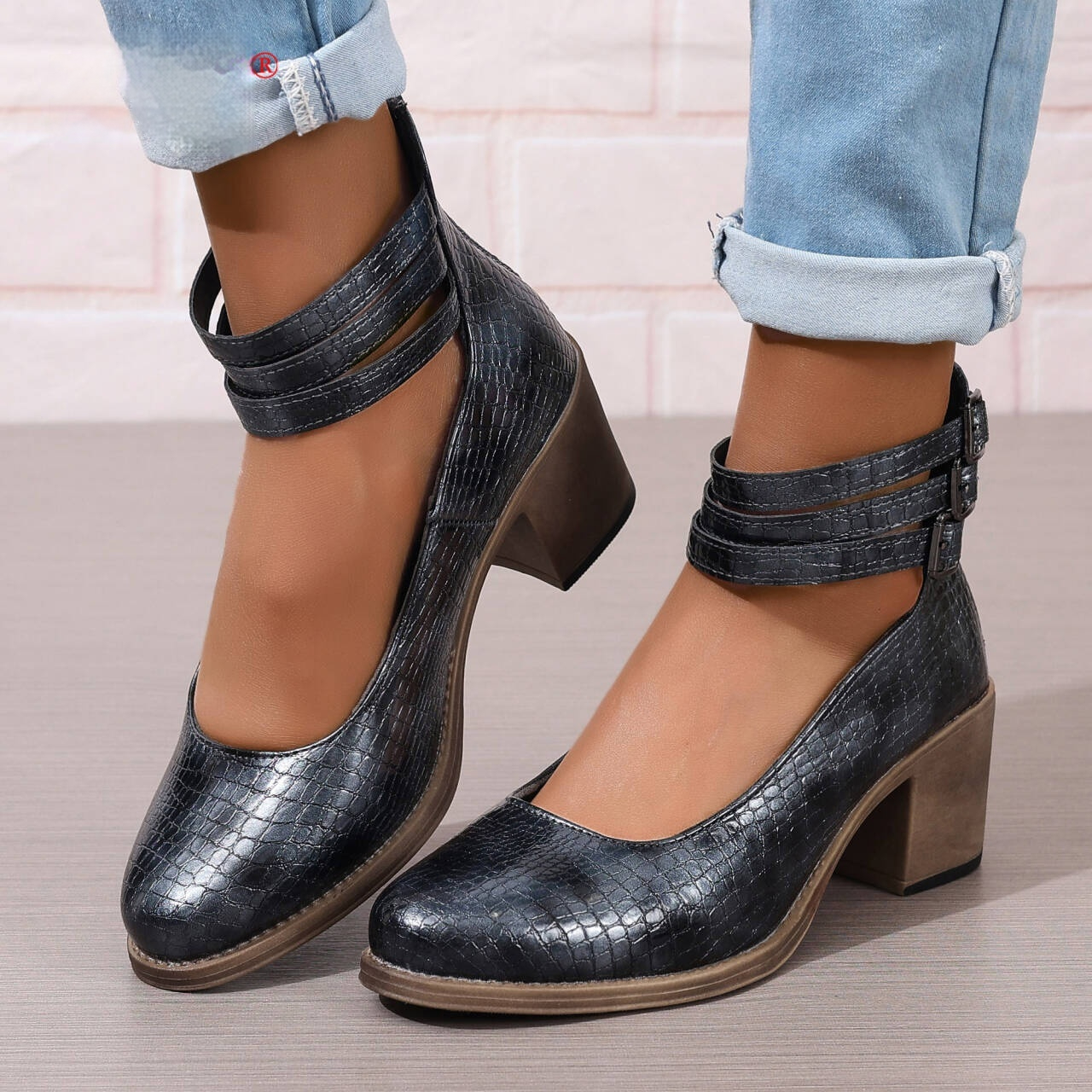 Retro 36-42 Large Size Chunky Heel Shoes With Back Zipper foto 3