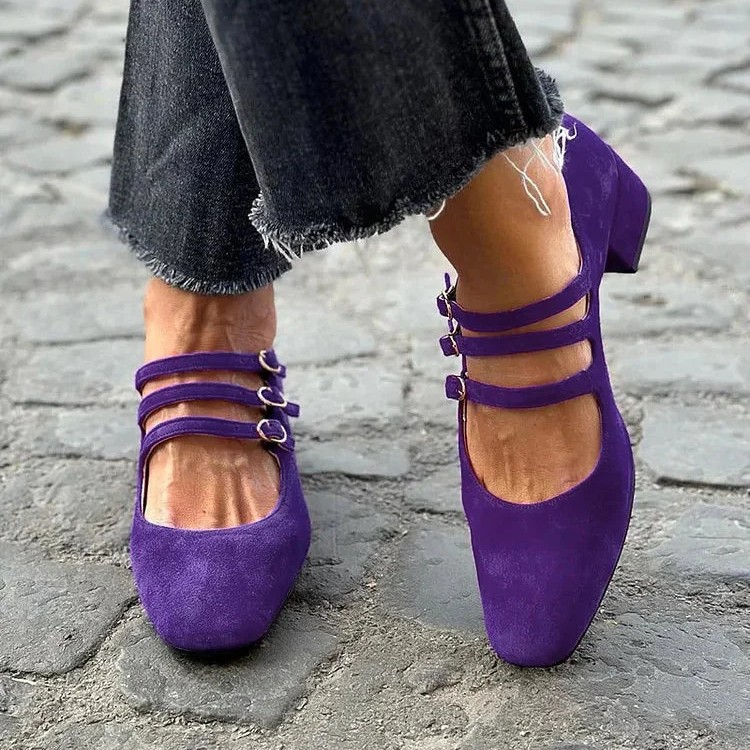 Women's Leather Square Toe Low-cut Retro Style Chunky Heel High Heels foto 3