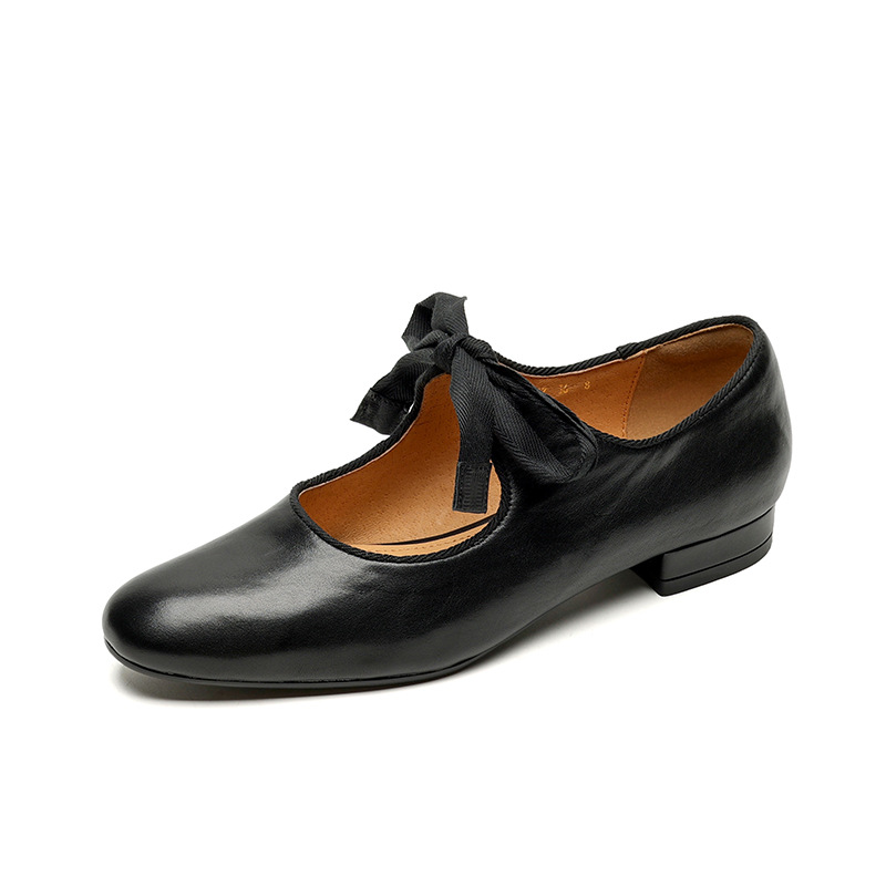 French-style Vintage Low-heeled Leather Shoes For Women Round Toe Low Cut foto 2