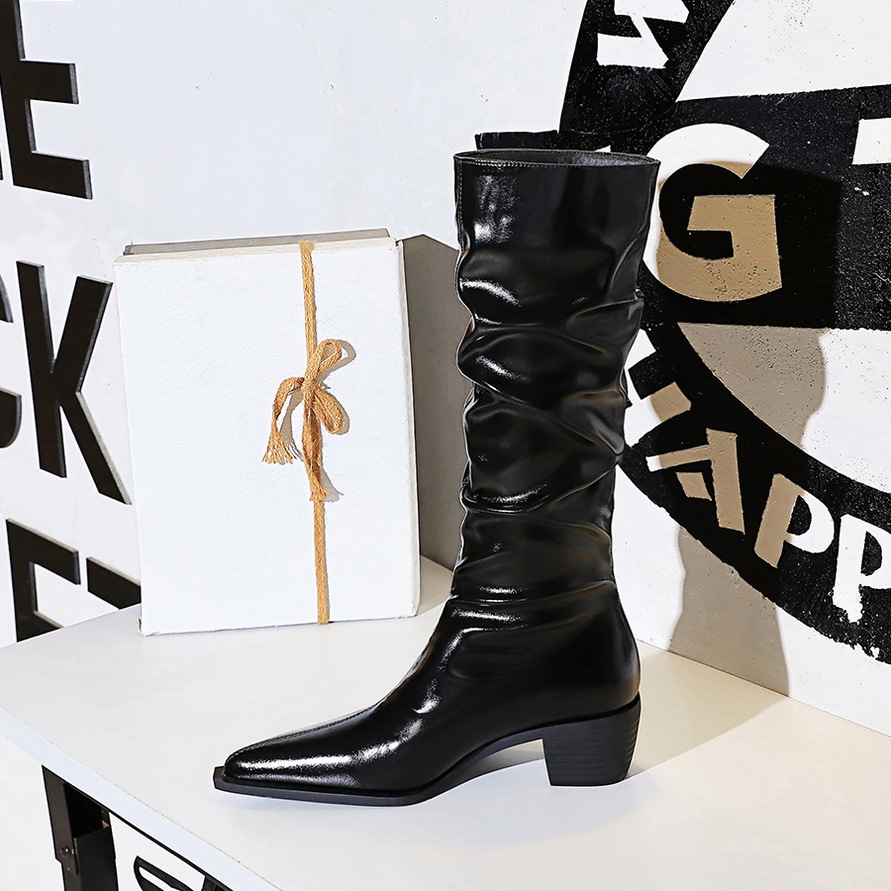 Women's Over-the-knee Boots Chunky Heel Mid Heel Pointed Wrinkled Surface