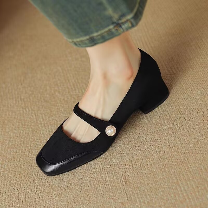 Women's Chunky Heel Suede Flat Low-cut Shoes foto 5