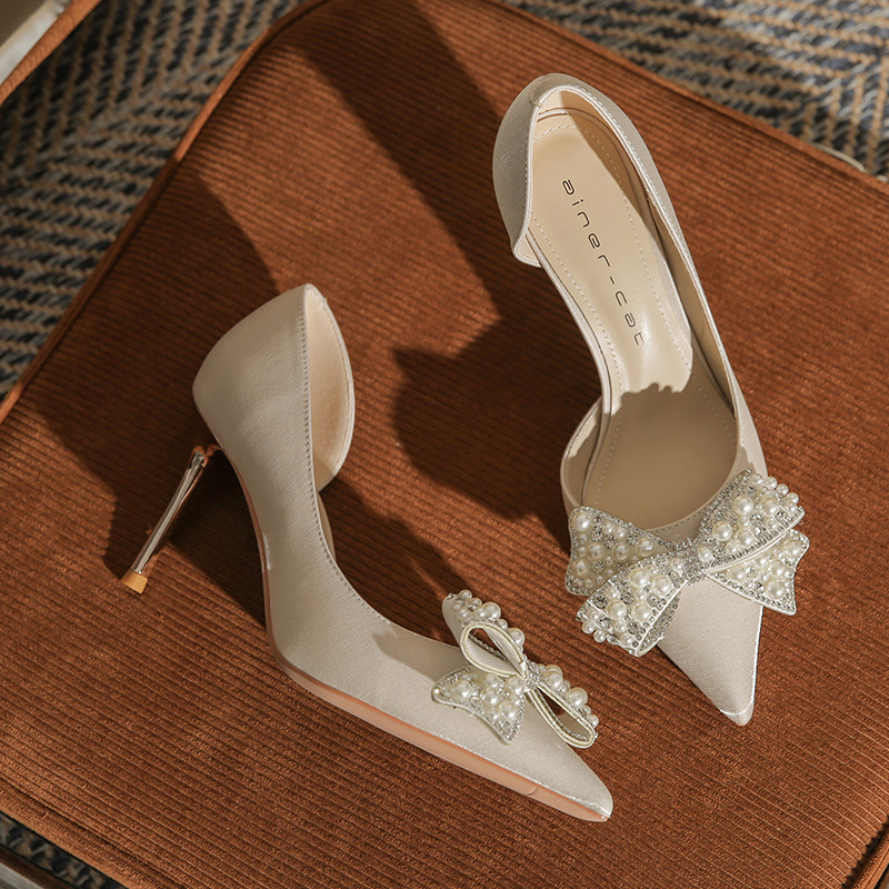 Women's Stiletto Heel Pointed Toe Side Empty Rhinestone Bow Pumps foto 4