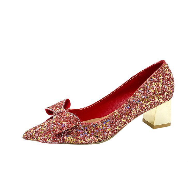 Crystal Sequins Wedding Xiuhe Chunky Heel Pointed-toe Shoes foto 3