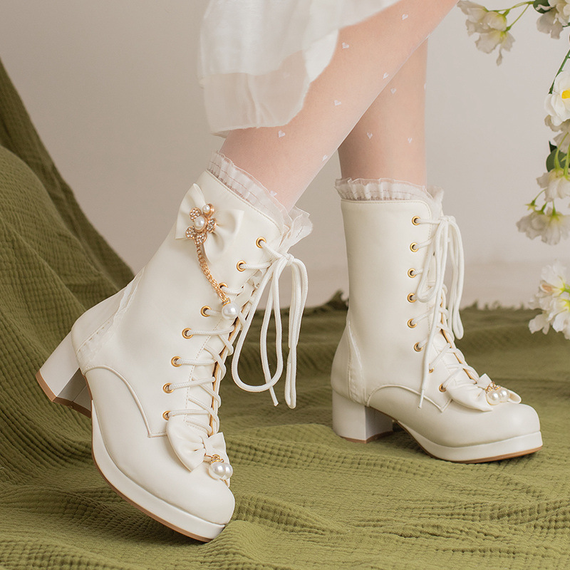 Female Bow Thick Heeled Short Boots Lolita Shoes foto 3