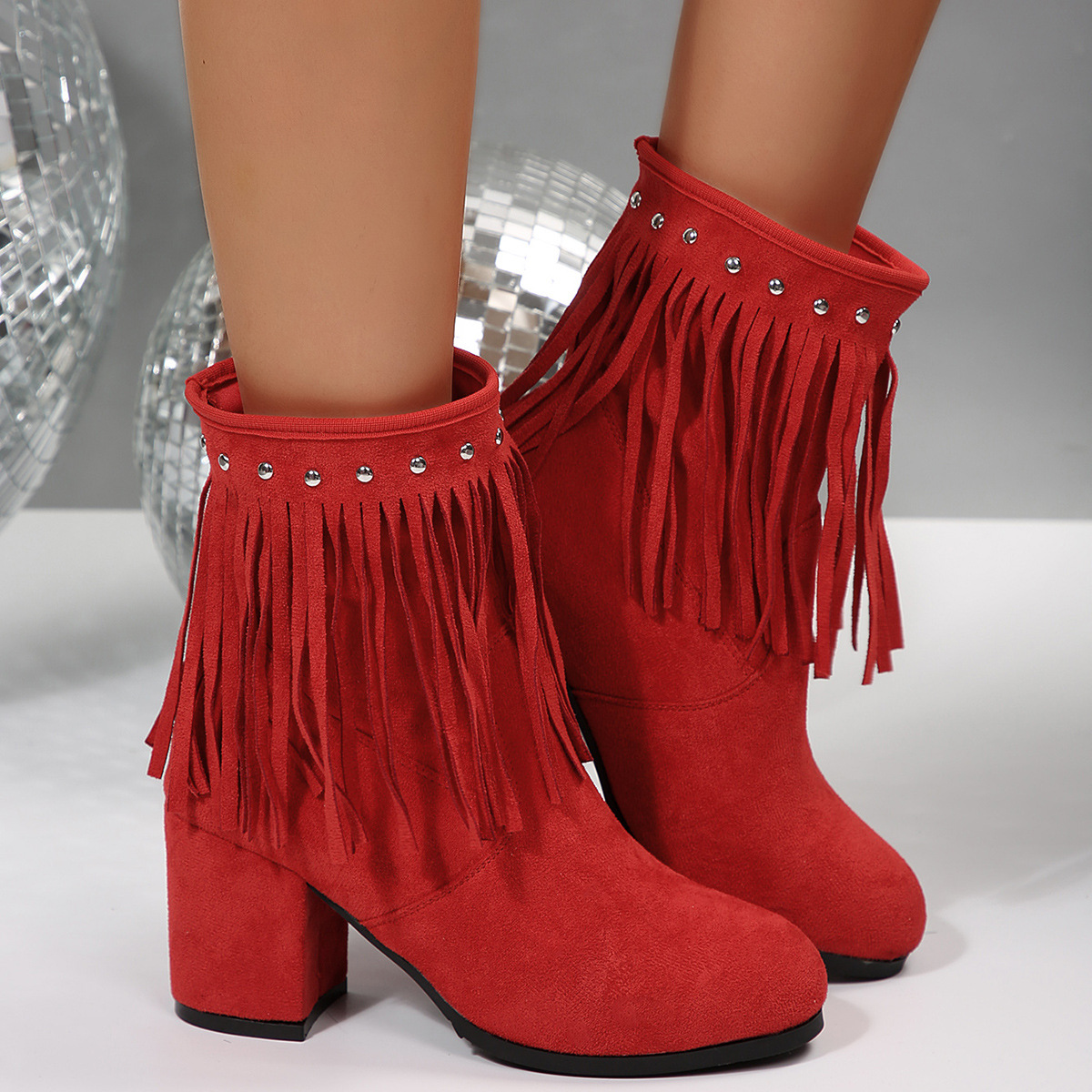 Rivet Suede Plus Size Tassel Womens Boots foto 2