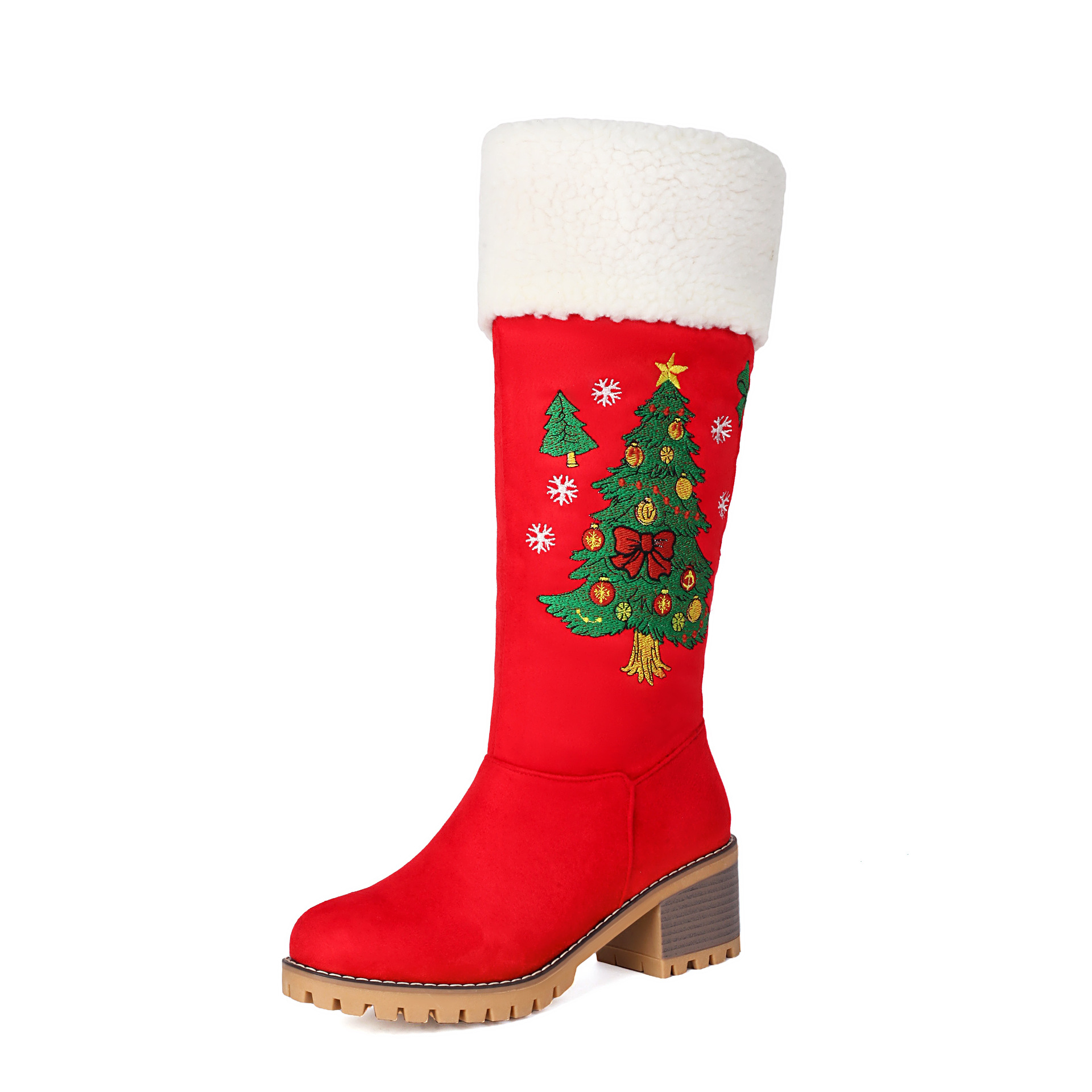 Womens Embroidered Colorblock High Boots With Christmas Tree Design foto 2