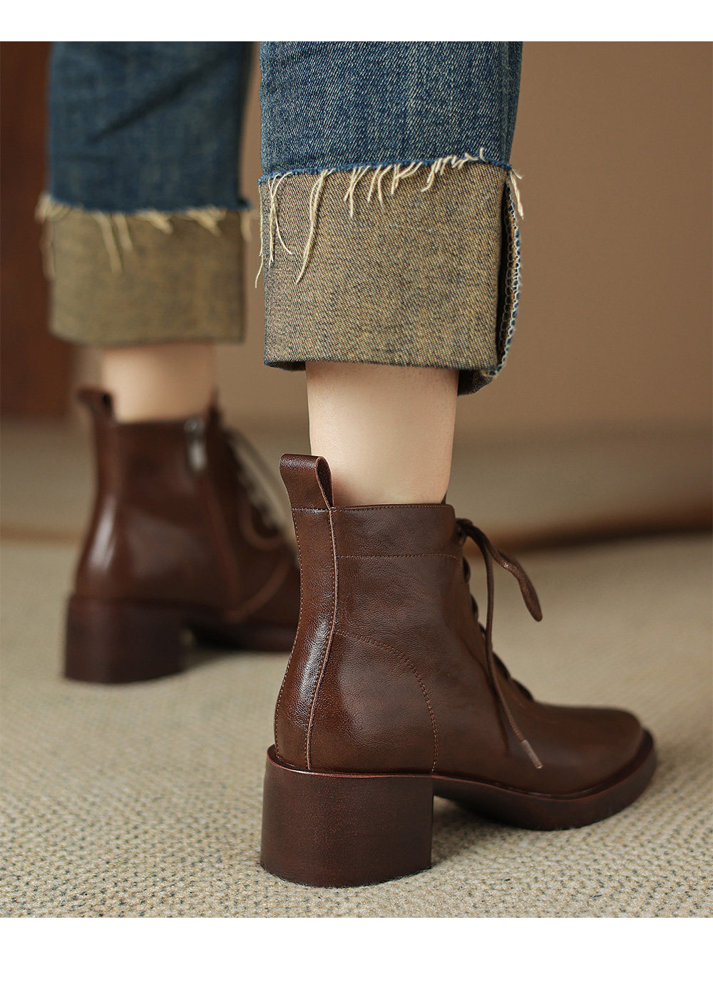 Retro Brown Leather Lace-up Boots foto 4