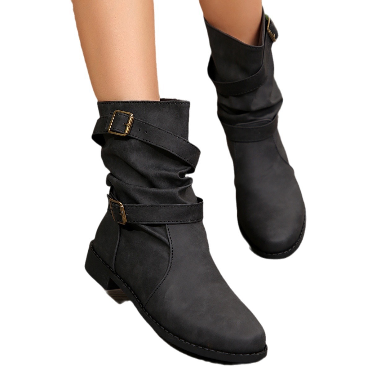 Retro Distressed Barrel Boots With Metal Buckles And Stitched Detailing Mid Calf Length foto 3