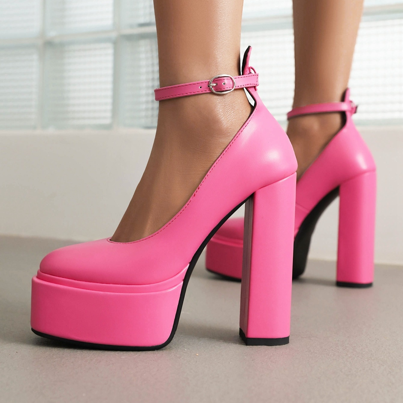 Spring Womens Pointed-Toe Chunky-Heel Buckle High Heels
