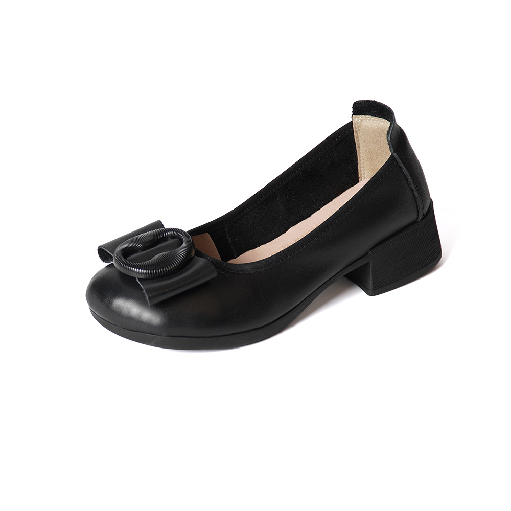 Low-cut Authentic Leather Women's Mid Heel Slip-on Round Head Pumps foto 4