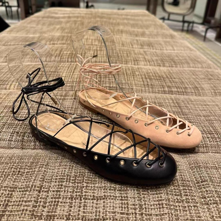 Womens Niche Leather Cross-Strap Ballet Flats Roman Sandals foto 3
