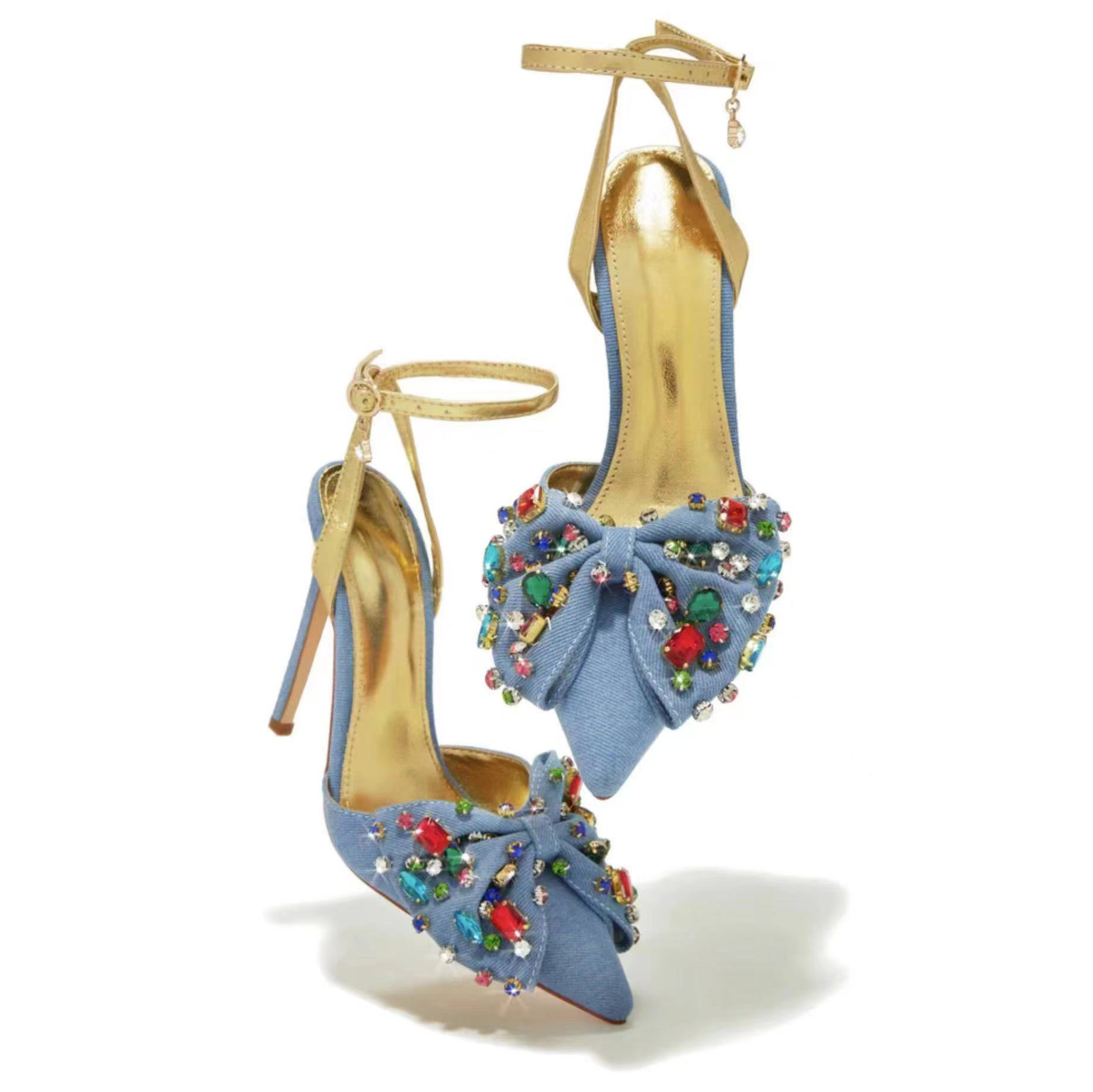 Bow Rhinestone Pointed Toe Closed Toe High Heel Plus Size Sandals foto 3