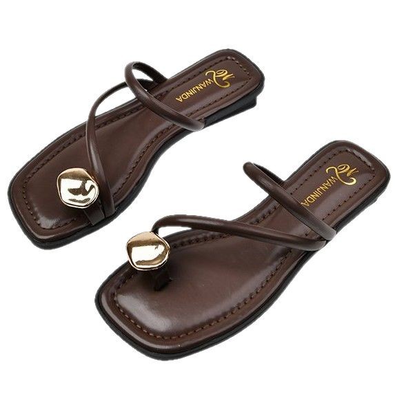 French Style Women's Fashionable Metal Toe Covering Flat Sandals foto 3