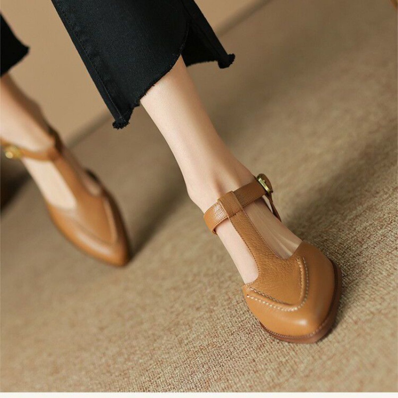 Women's Soft Leather Pointed Sandals New Summer Closed Toe Chunky Heel foto 2