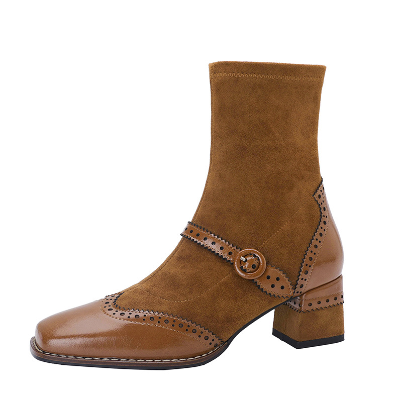 New Autumn Womens Boots Square Toe Chunky Heel Vintage Style