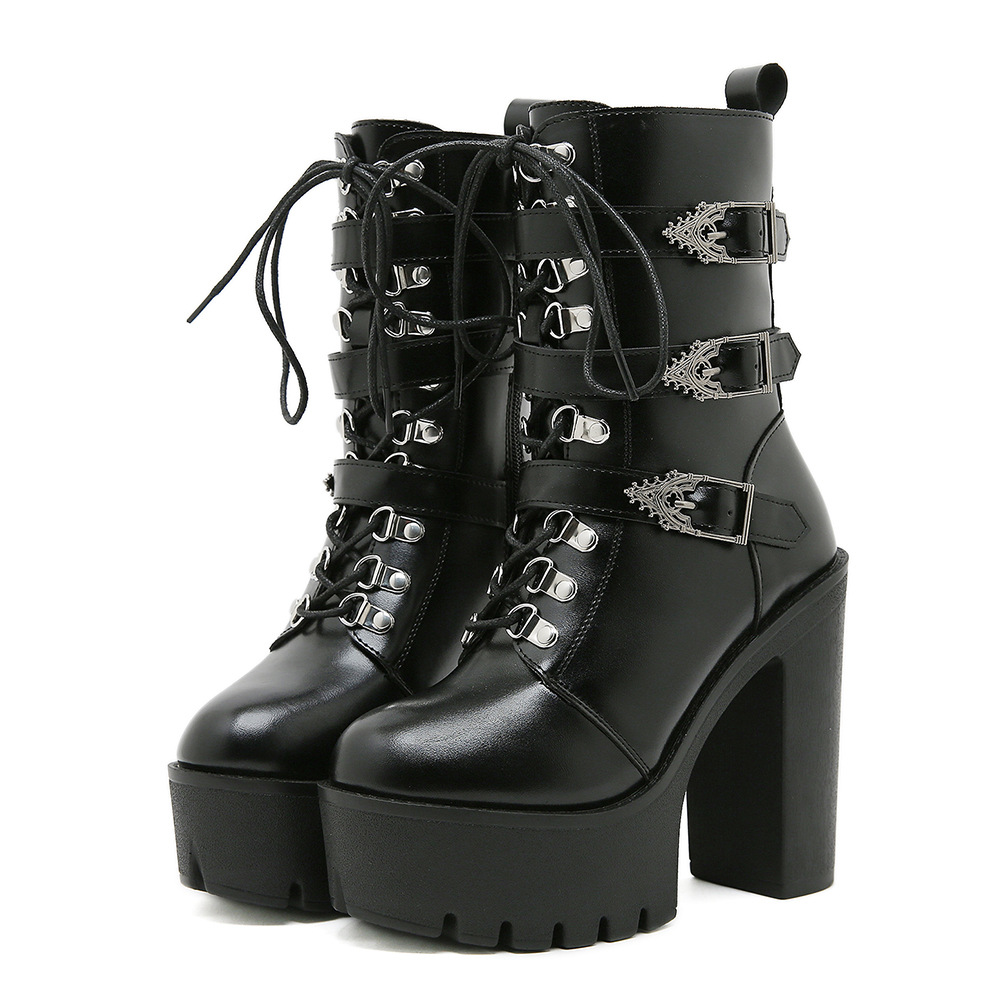 Velcro-lined Mid-calf Boots With A Metallic Buckle Chunky Heel And Platform Sole foto 3