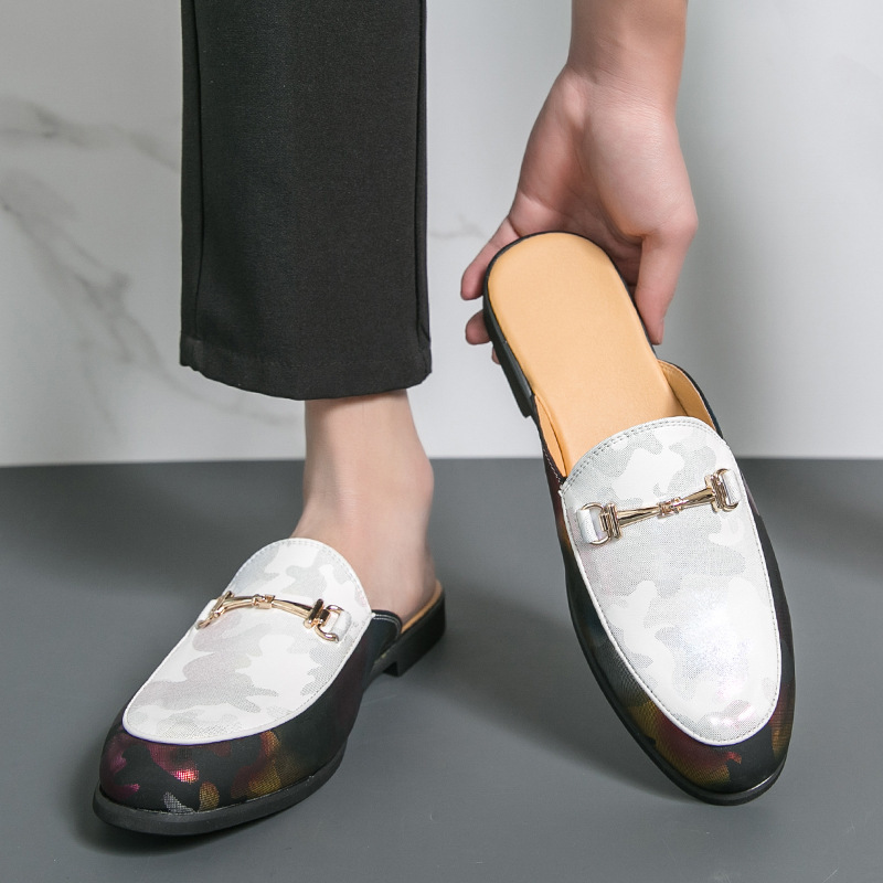 New Style Closed-Toe Half-Flip-Flops Mens Metallic Color Shallow-V Cut Leather Sandals foto 4