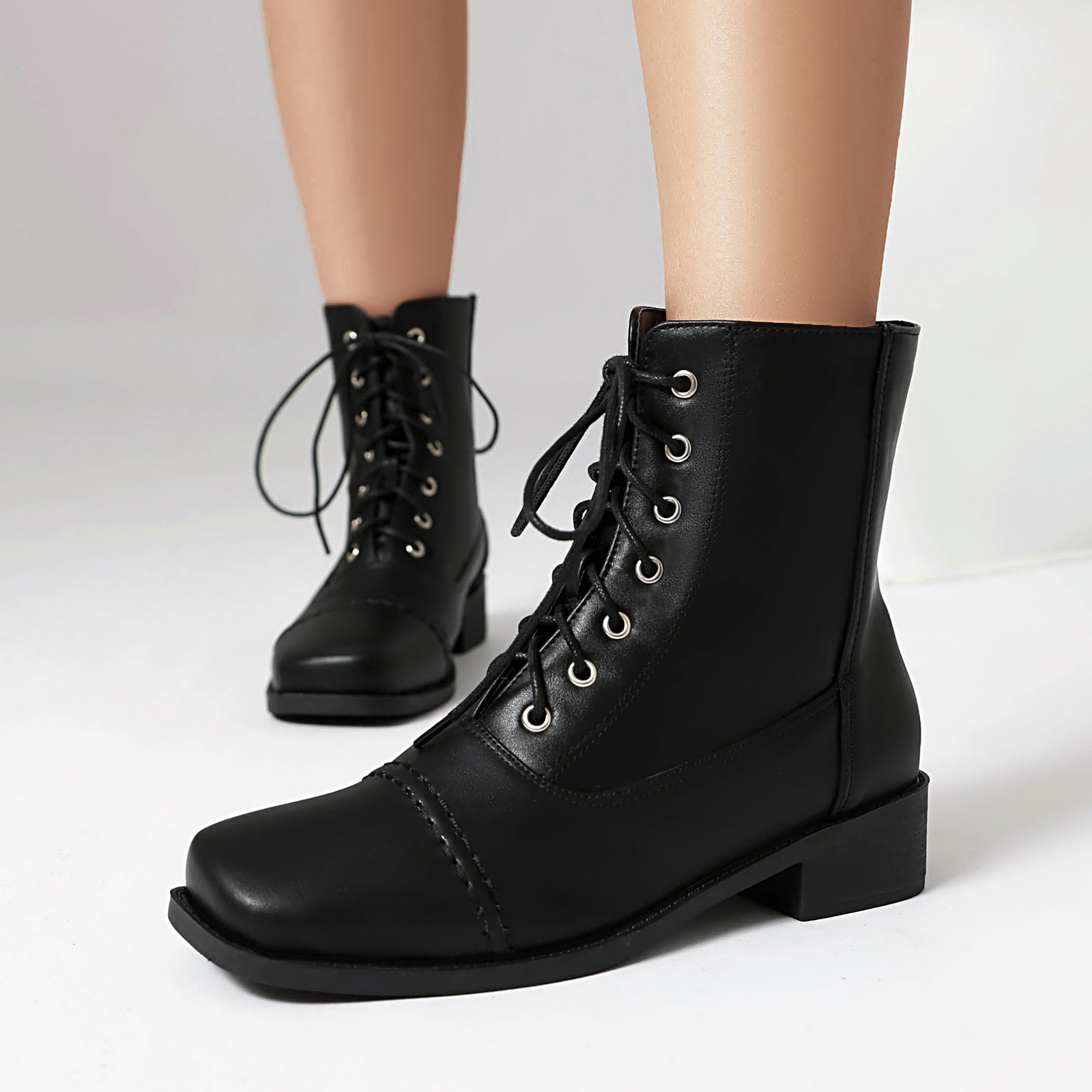Womens Comfortable Lace-Up Square-Toe Outdoor Motorcycle Boots foto 3