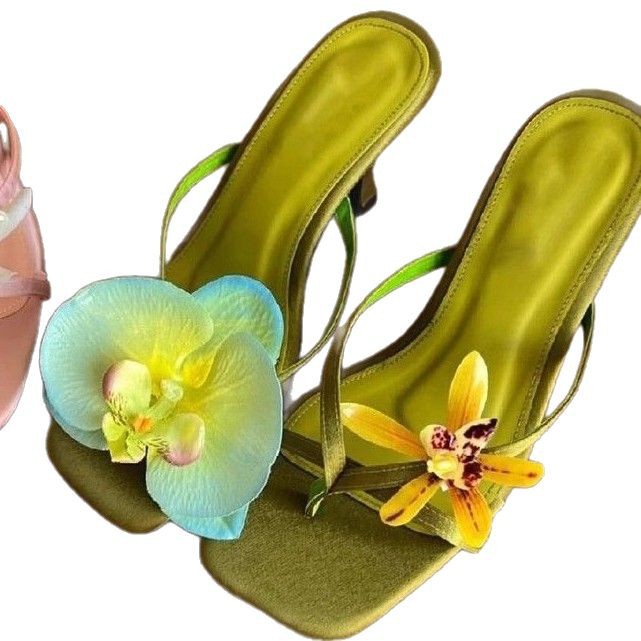 Handmade Asymmetric Flower Sandals For Women High Heel Semi-slipper foto 4