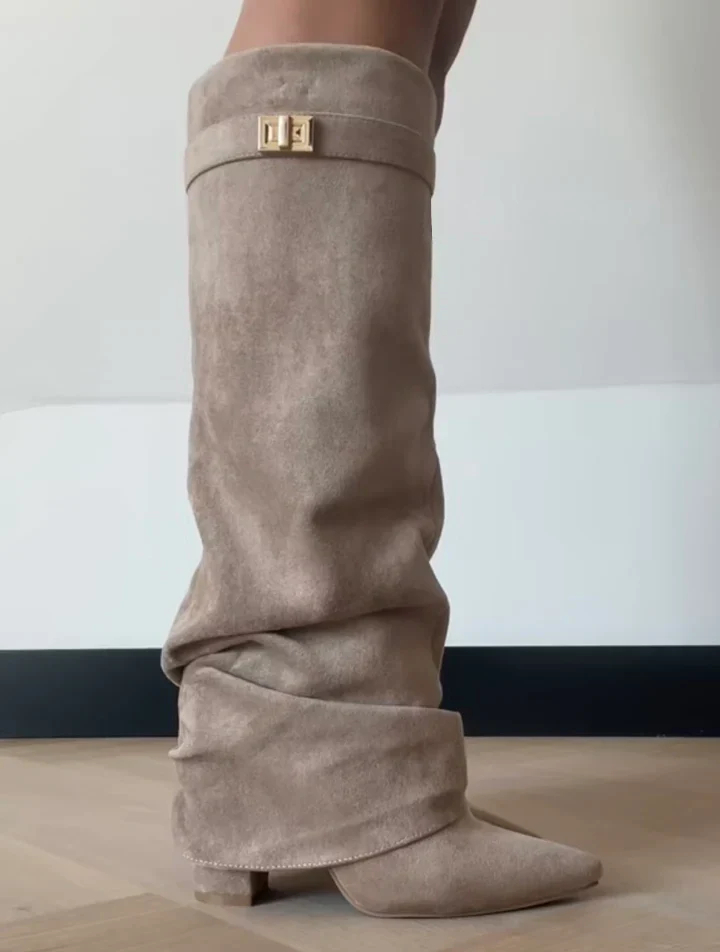 Women's Pointed Toe Straight Tube Metal Buckle Mid-calf Boots foto 4