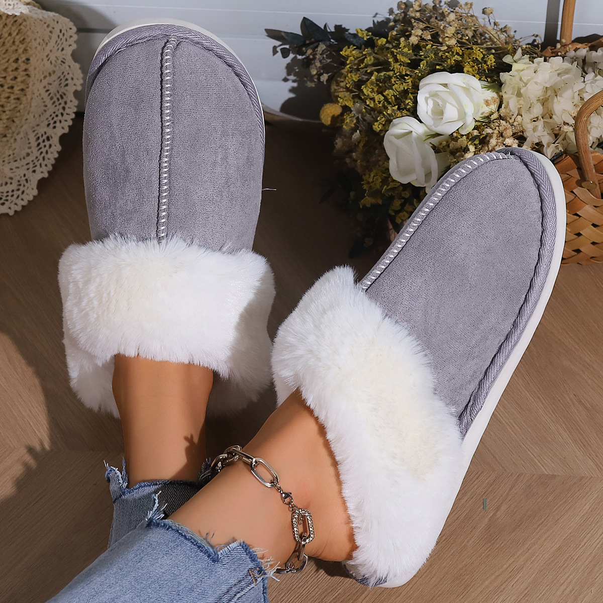 Cotton Slippers Autumn And Winter Fleece-lined Home Fur Toe Cap foto 4