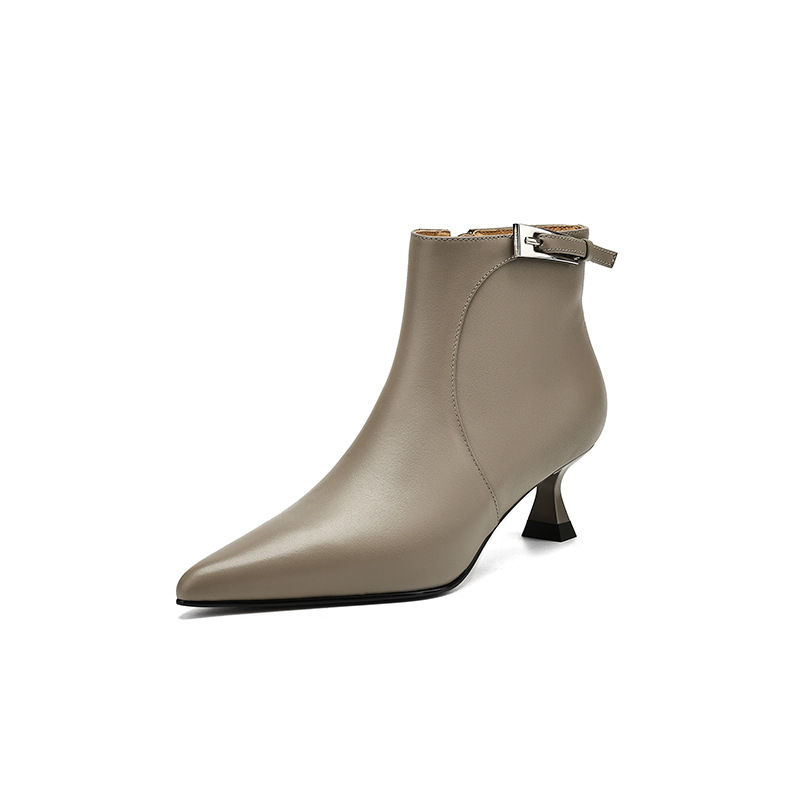 Womens Stylish Leather Pointed-Toe High-Heel Ankle Boots With Buckle Strap And Side Zipper foto 5