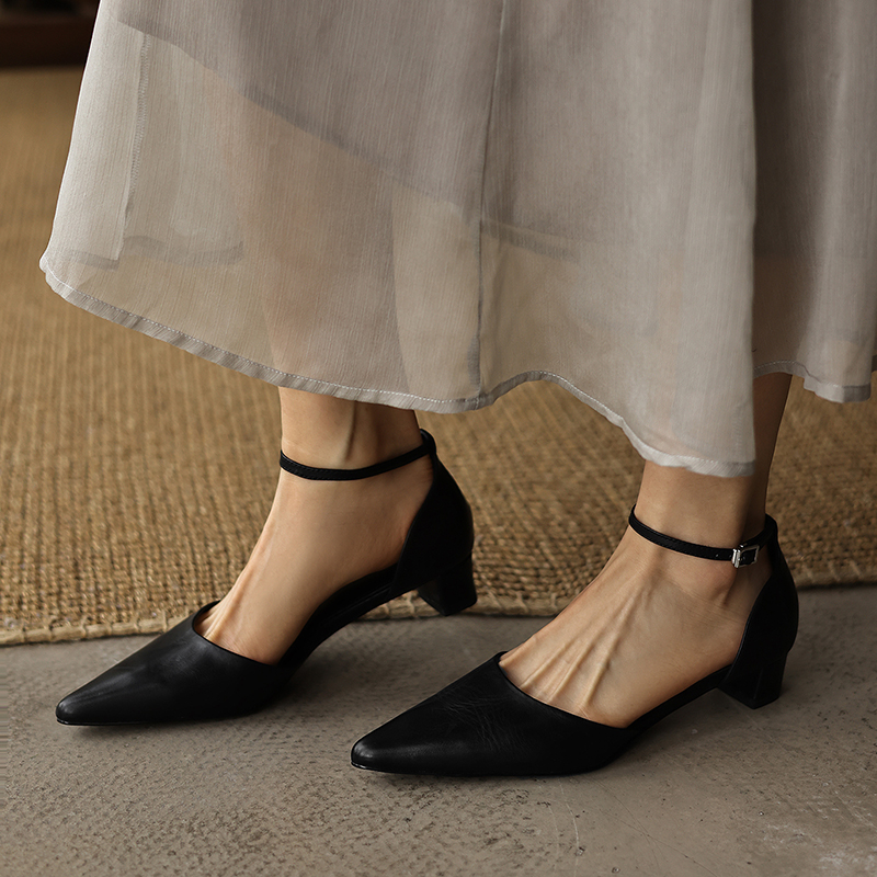Women's Handmade Washed Leather Ankle Strap Pumps, Genuine Full-Grain Leather Pointed Toe Low Block Heel Sandals foto 3