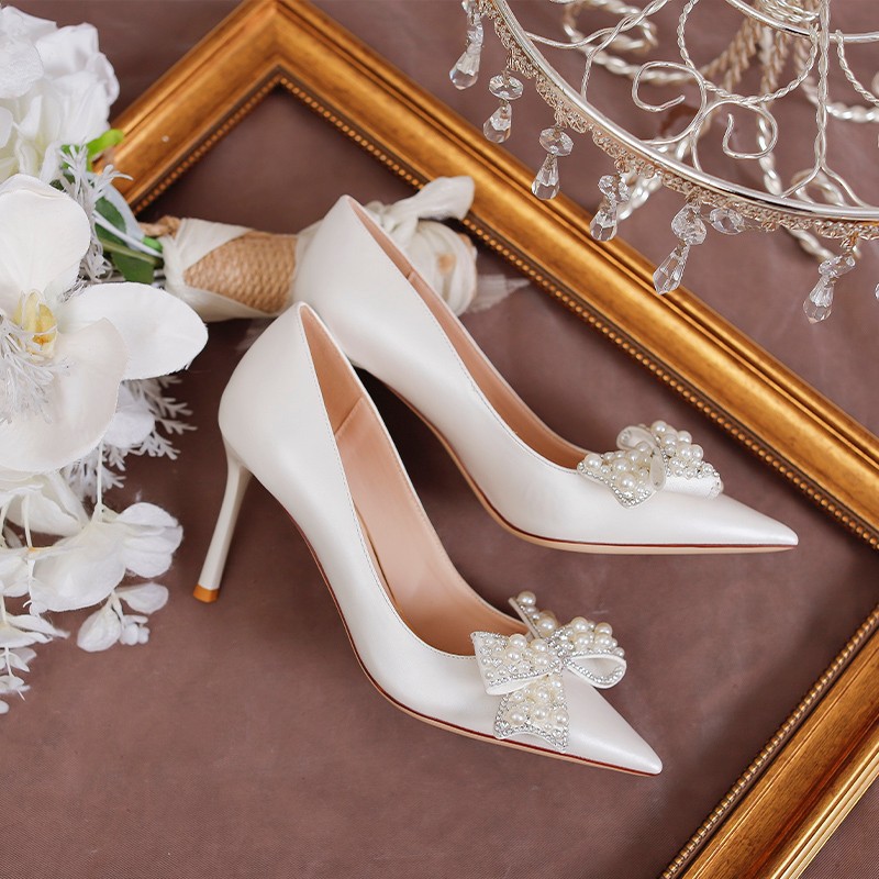 Women's Stiletto Heel Bride Wedding Dress Shoes White foto 2