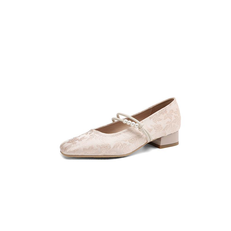 Elegant Chinese-style Tang Suit Womens Shoes Printed Square-toe Beaded Pumps foto 3