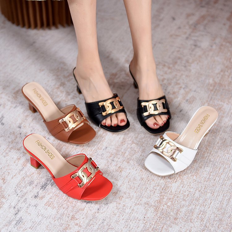 Womens Metal-buckle High-heeled Peep-toe Slippers foto 3