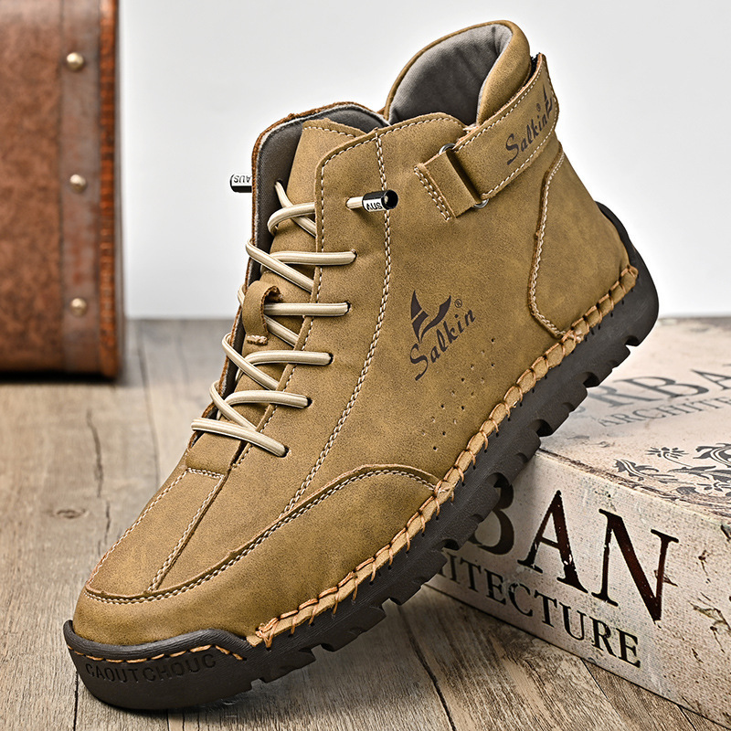 Men's Leather Shoes Casual Hand Stitching Flat Round Toe foto 3