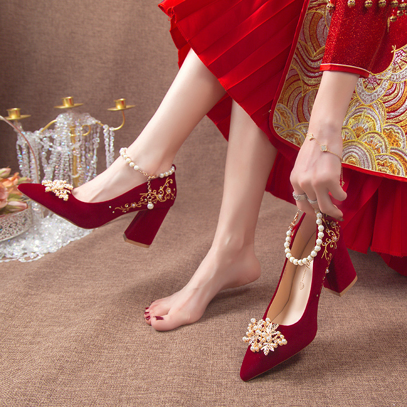Wine Red Pointed Toe Chunky Heel Wedding Shoes For Women foto 4