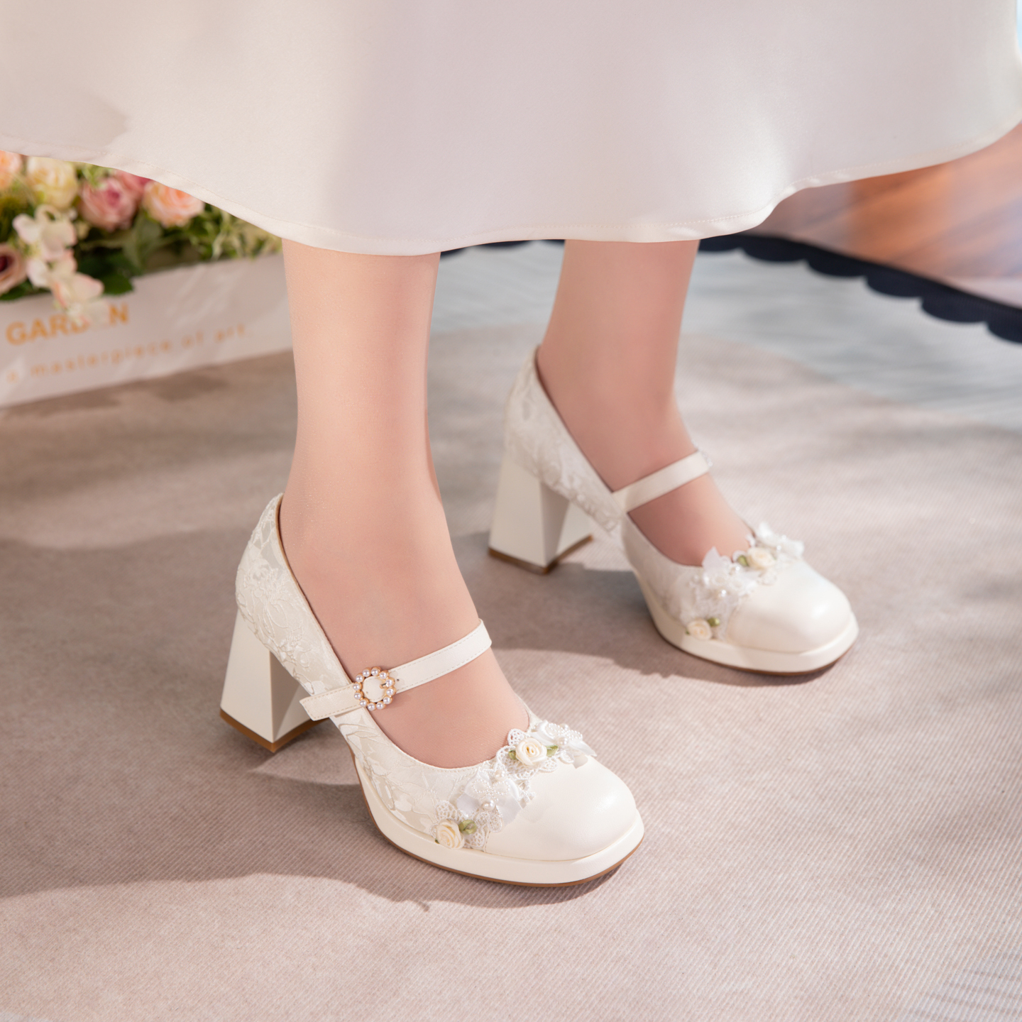 Mie Bai Lace Mary Jane Platform High Heels - Retro Soft Style Bridal Shoes - Versatile White High Heels
