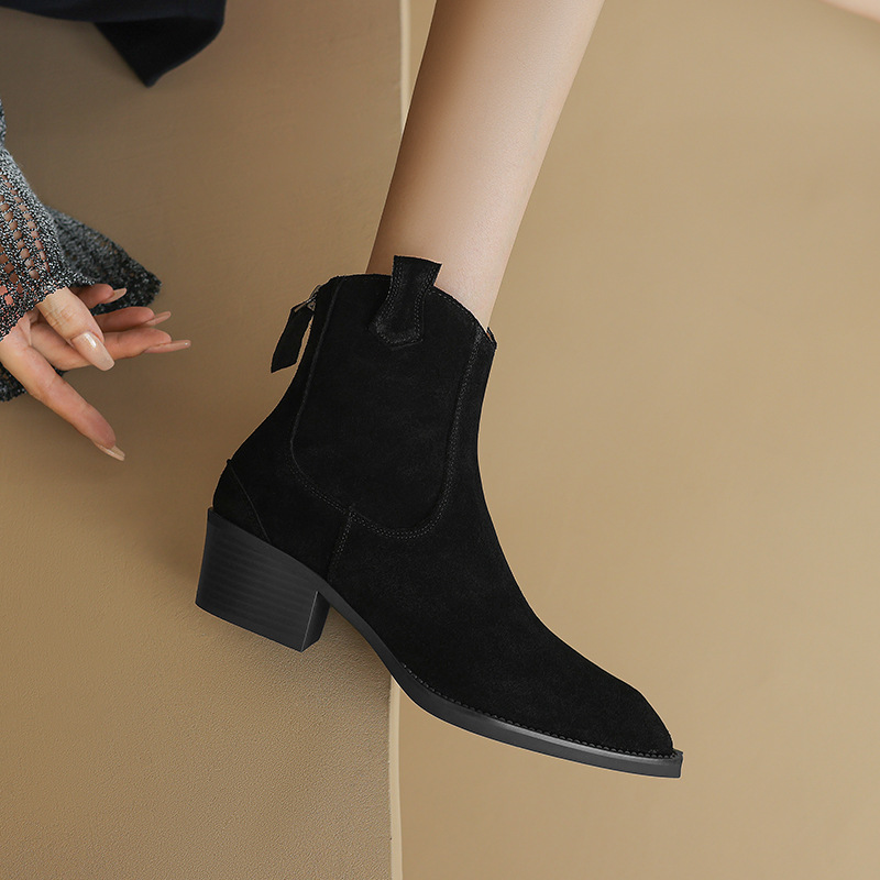 Pointed Toe Chunky Heel Back Zip Short Boots Women's foto 5
