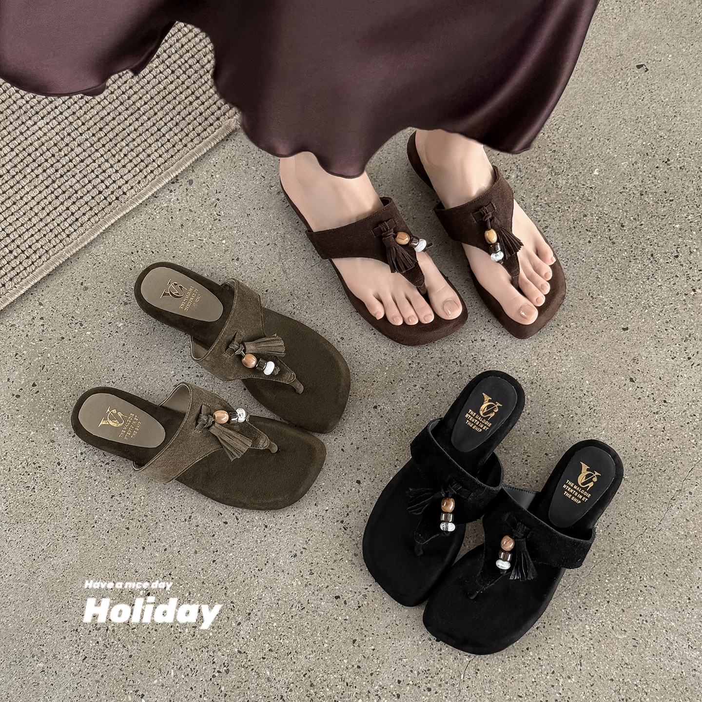 Women's Handmade Suede Beaded Tassel Thong Sandals, Open-Toe Bohemian Flat Slides With Sheepskin Lining