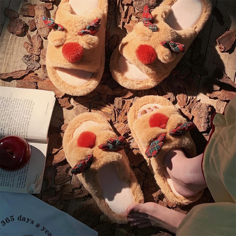 Indoor Cute One-word Cotton Slippers Autumn Women's Cartoon Fluffy Slippers foto 3