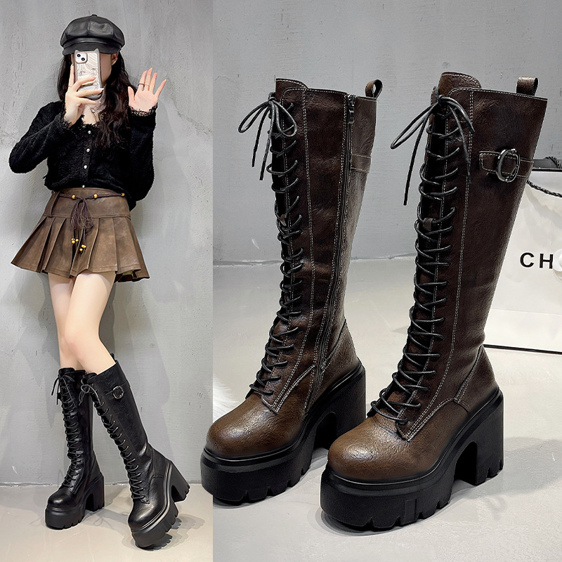 Womens Versatile High-heeled Round-toe Lace-up Over-the-knee Boots foto 4