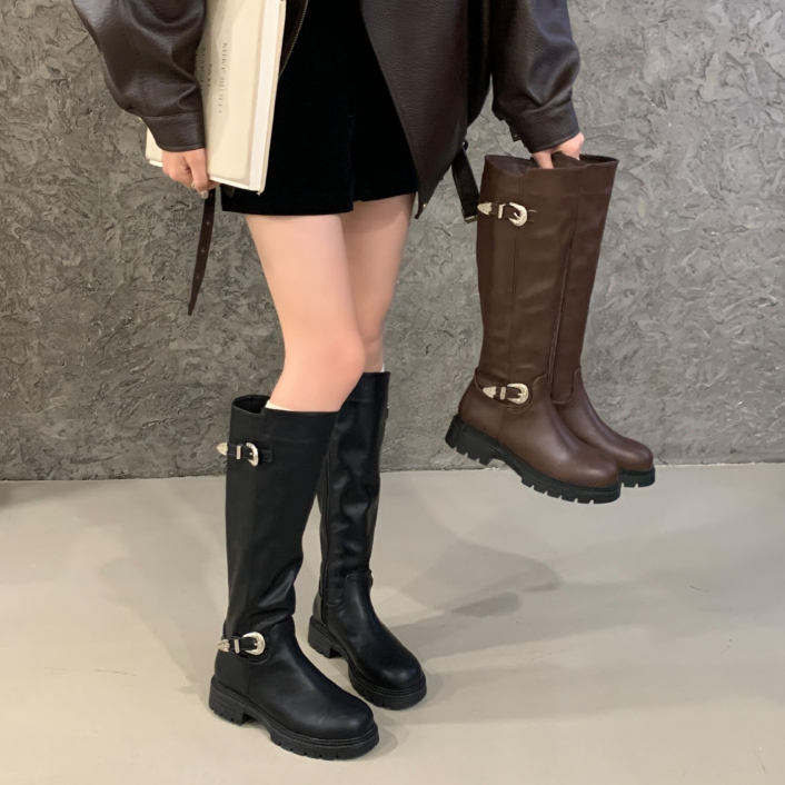 Vintage Women's Leather Belt Buckle Side-zip Fashion Boots foto 5