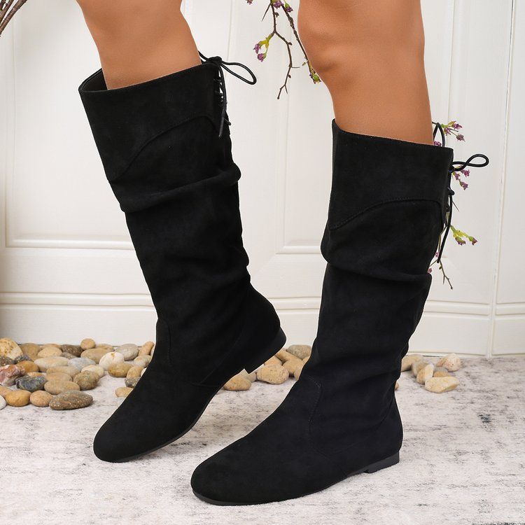 Womens Highshaft Pleated Suede Chunkyheel Boots foto 5