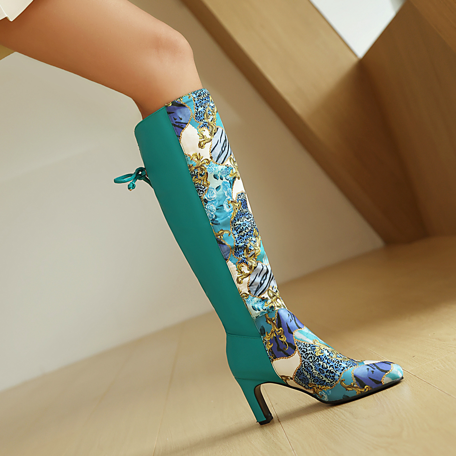 Womens Floral Patchwork Bowknot Chunky Heel Over-the-Knee Boots foto 3