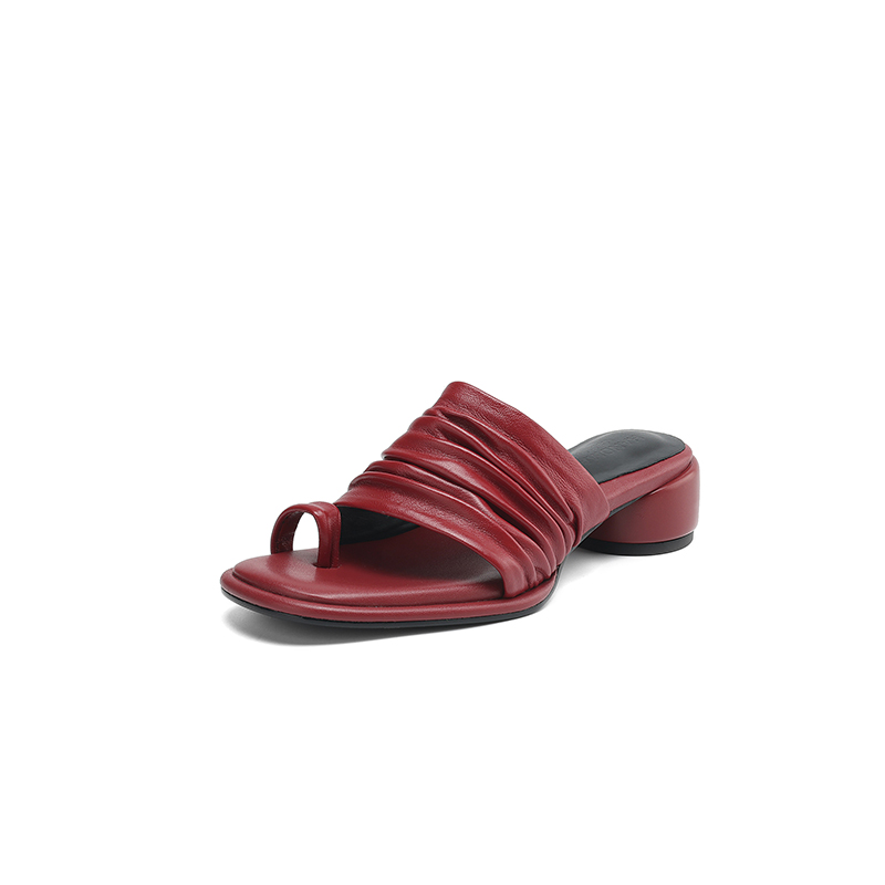 Women's Handmade Genuine Sheepskin Ruched Toe-Loop Block Heel Mules, Square-Toe Slide Sandals foto 4