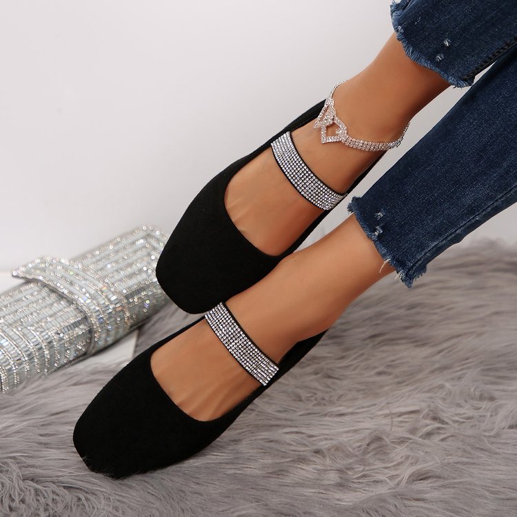 Women's Rhinestone Square-toe Shallow-mouth Suede Flat Shoes foto 4