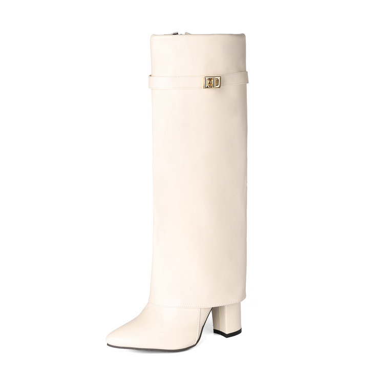 Womens Pointed-toe High-shaft Straight-leg Mid-calf Boots With Metal Buckles foto 4