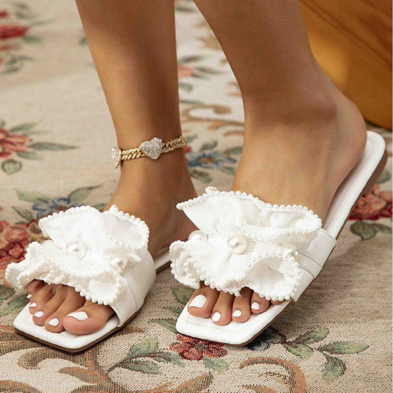 Black Pearl Square-toe Flat Sandals Womens Style With Black Lace Trim foto 5