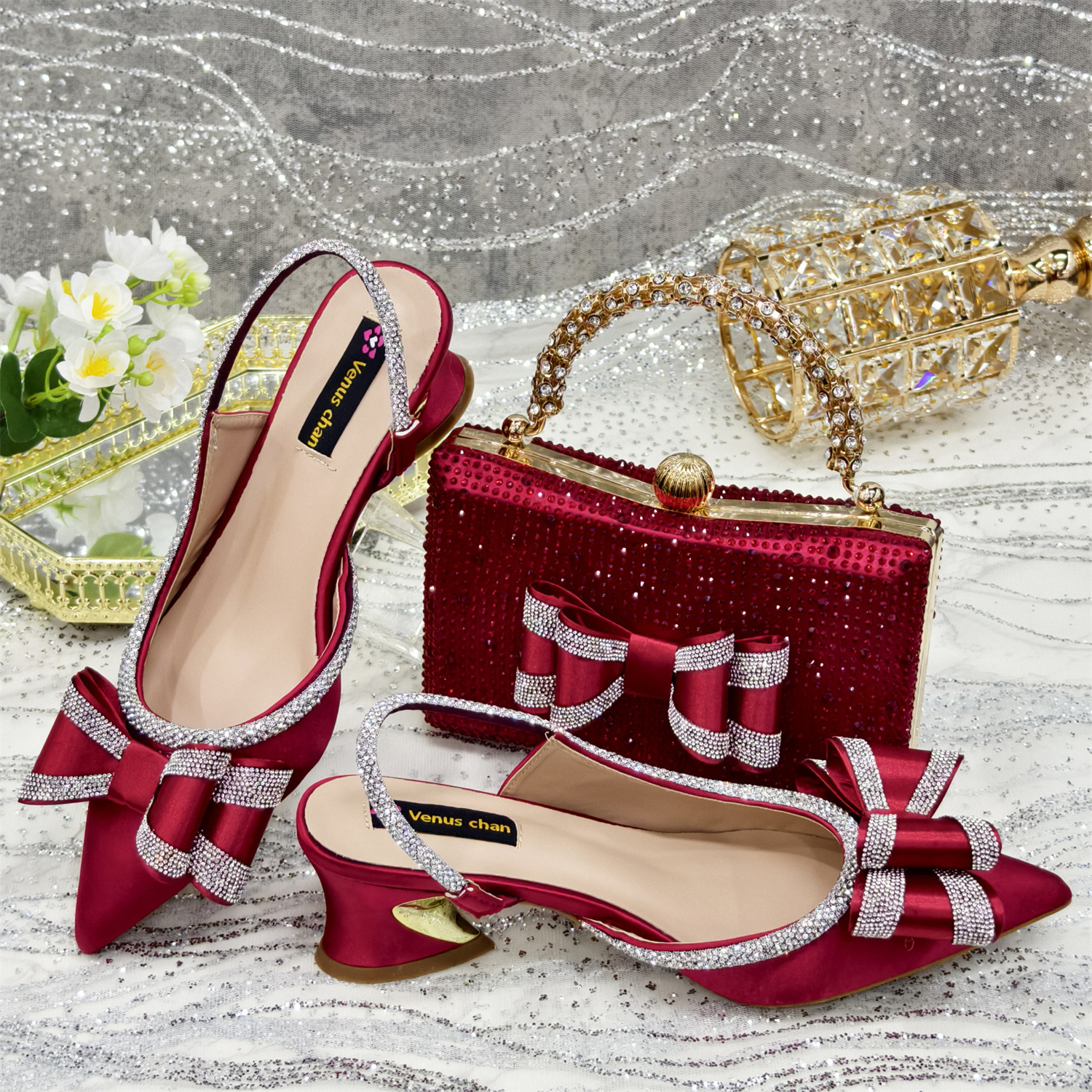 Women's Pointed Sandals Rhinestone Matching Square Rhinestone Bag foto 4